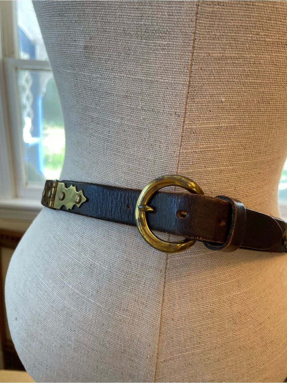 Brown Leather Belt with Brass Round Buckle